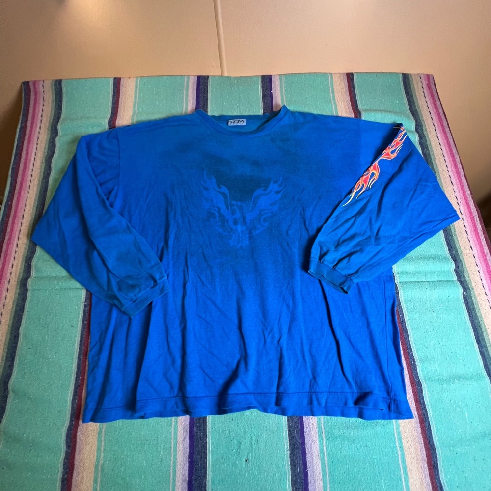 JEM Sportswear Graphic T-Shirt Mens 2XL Blue Flame Eagle Long Sleeve Vintage